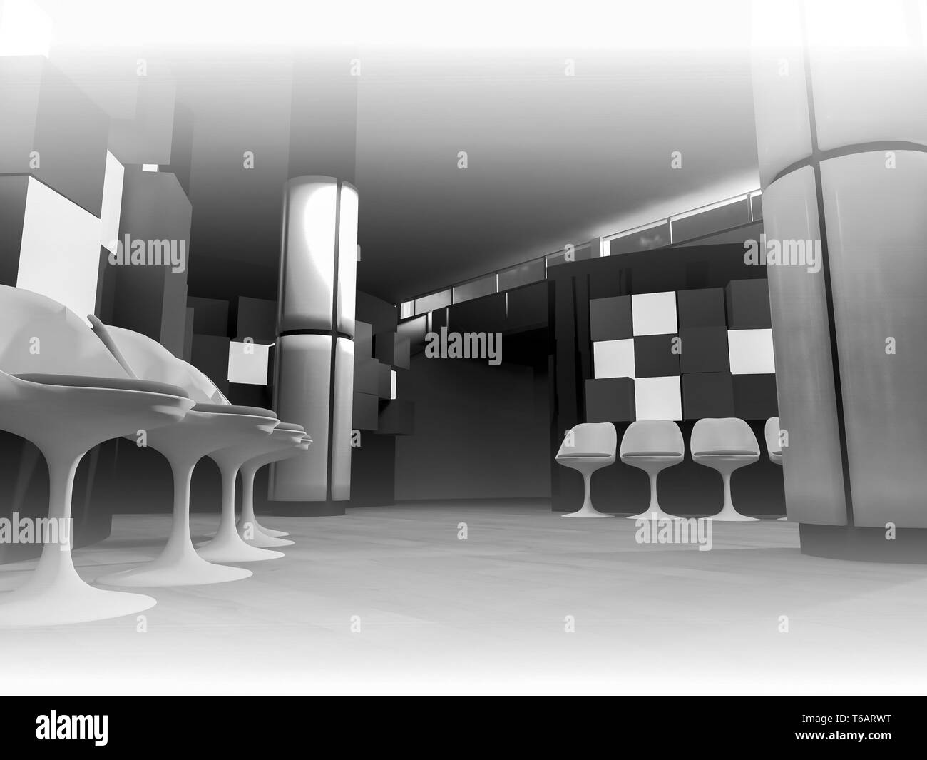 Rendern Sie, Wartezimmer mit Stühlen im Krankenhaus, Reinraum mit Formen in 3d, Geschäftsflächen und arbeiten Stockfoto