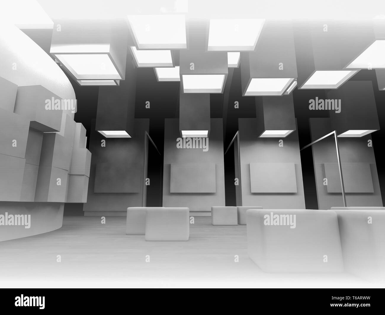 Niemand, Freifläche, sauberes Zimmer mit Formen in 3d, Geschäftsflächen und Arbeit Stockfoto