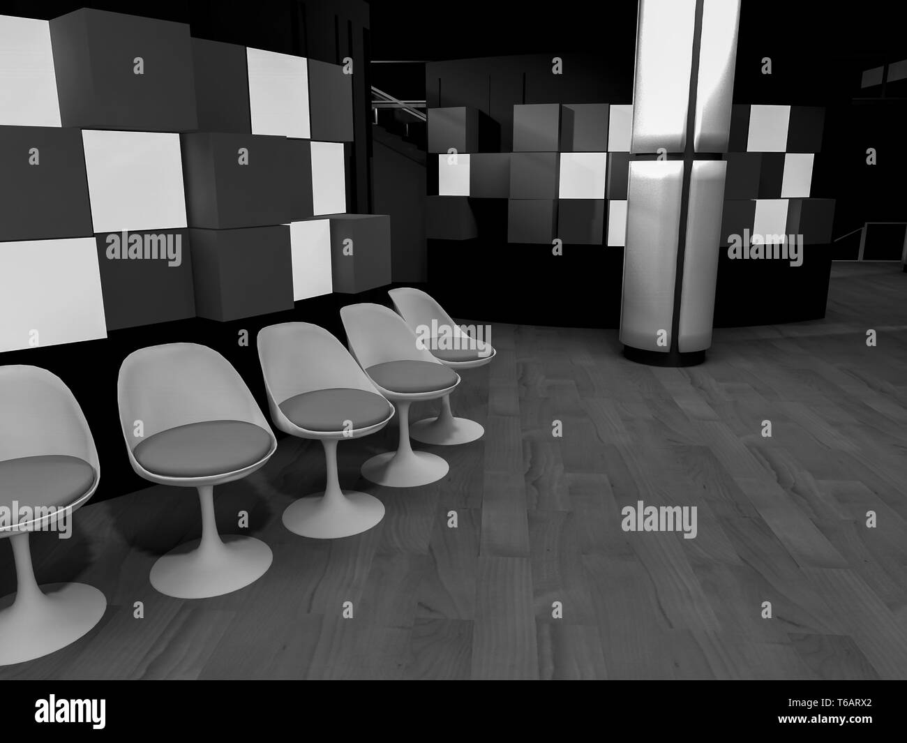 Design, Wartezimmer mit Stühlen im Krankenhaus, Reinraum mit Formen im 3D-Raum, Wirtschaft und Arbeit Stockfoto