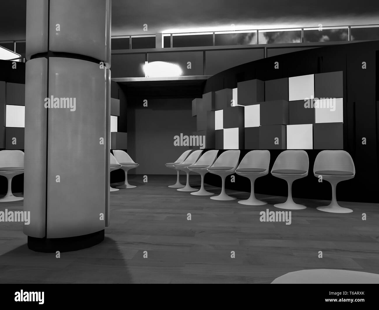 Wartezimmer mit Stühlen im Krankenhaus, Reinraum mit Formen in 3d, Geschäftsflächen und Arbeit Stockfoto