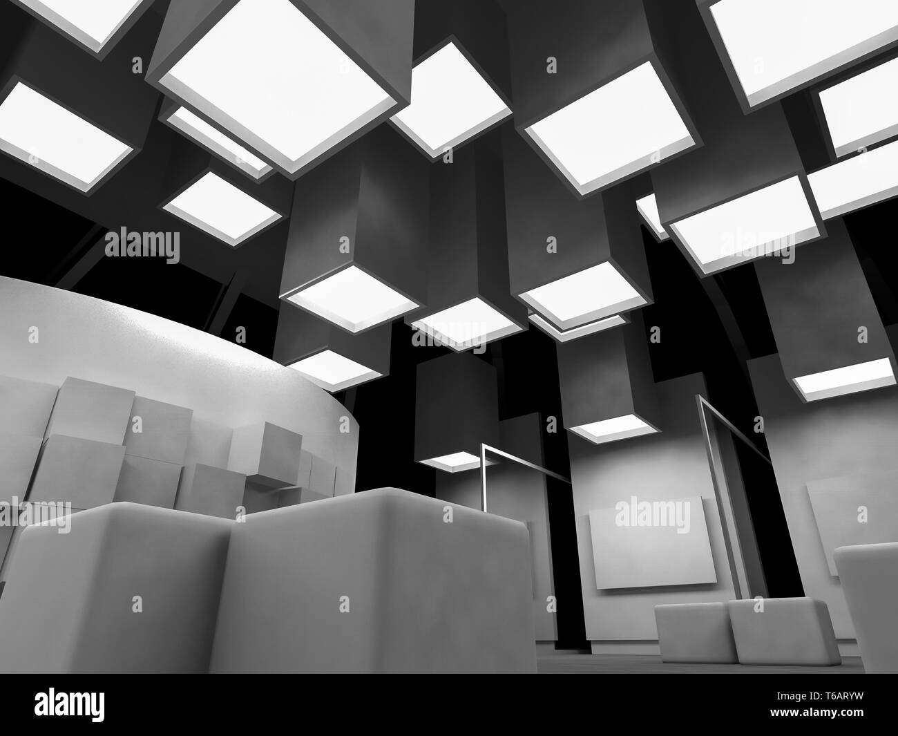 Medizin, Freifläche, sauberes Zimmer mit Formen in 3d, Geschäftsflächen und Arbeit Stockfoto