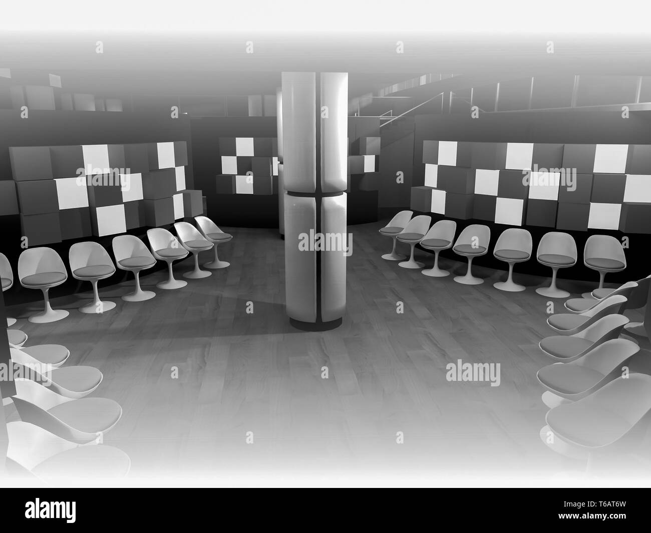 Bau. Wartezimmer mit Stühlen im Krankenhaus, Reinraum mit Formen in 3d, Geschäftsflächen und Arbeit Stockfoto