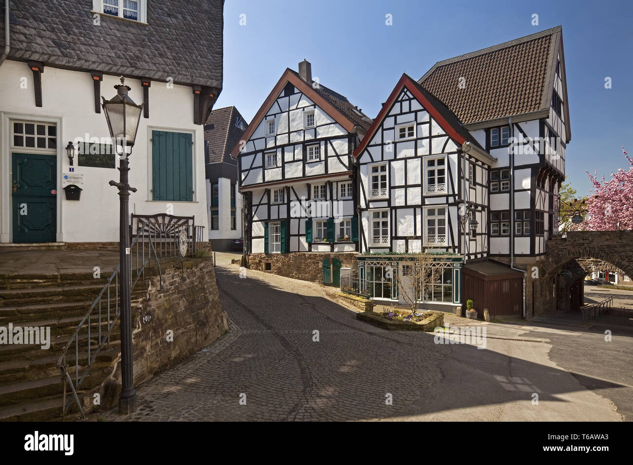 Fachwerkhäuser in der Altstadt in Mülheim an der Ruhr, Nordrhein-Westfalen, Deutschland Stockfoto