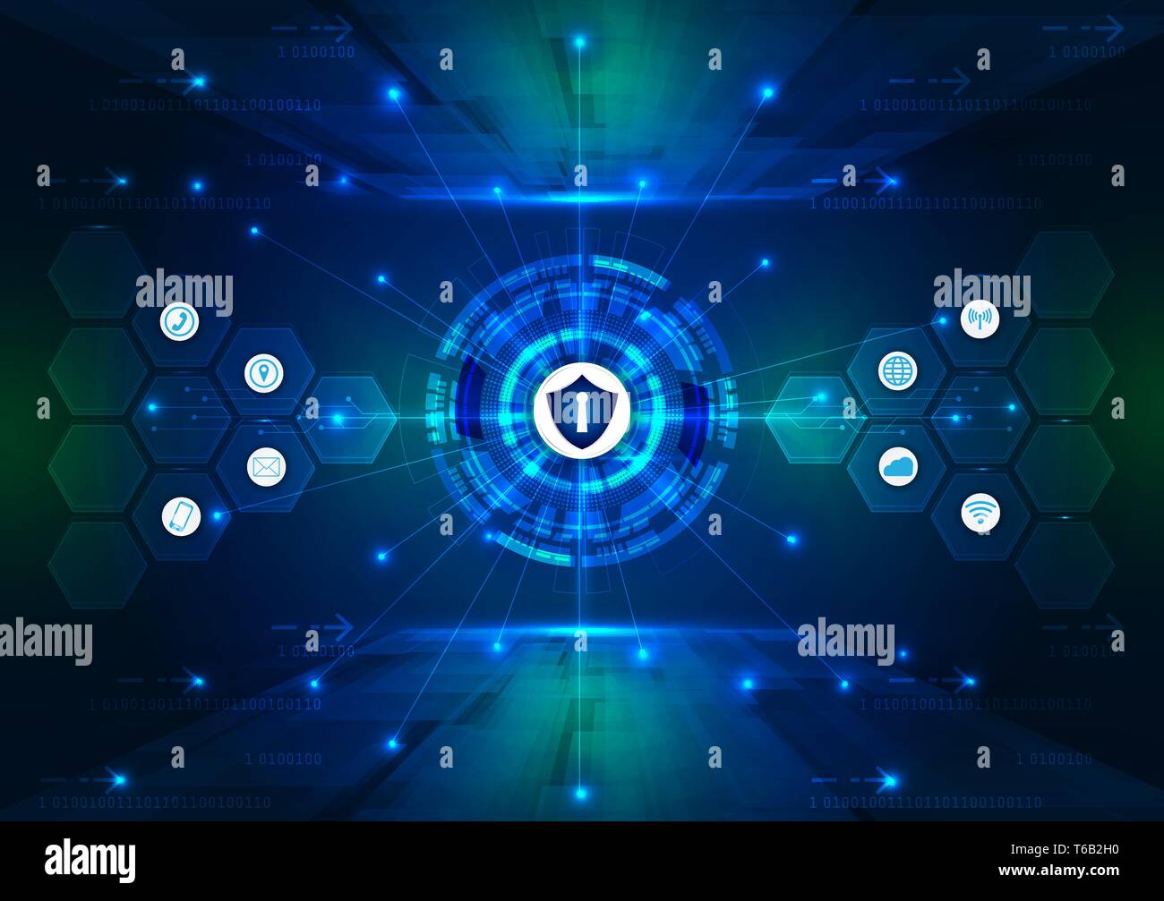 Sicherheitskonzept, geschlossenes Vorhängeschloss an digitalen, Cyber Security, blau abstrakte Hi Speed Internet Technologie vector Hintergrund Abbildung. Stock Vektor