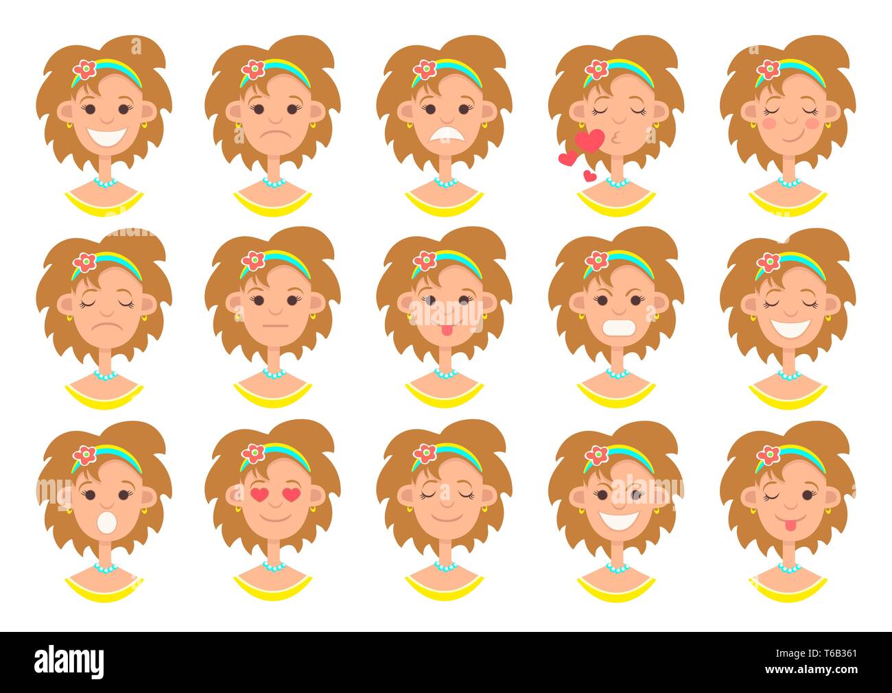 Facial Emotion Symbol Smiley Flachbild Bunte Zeichnung Smile Collection Nette Lustige Braune Haare Madchen Buste Mit Expression Von Verschiedenen Emotionen Iso Stock Vektorgrafik Alamy