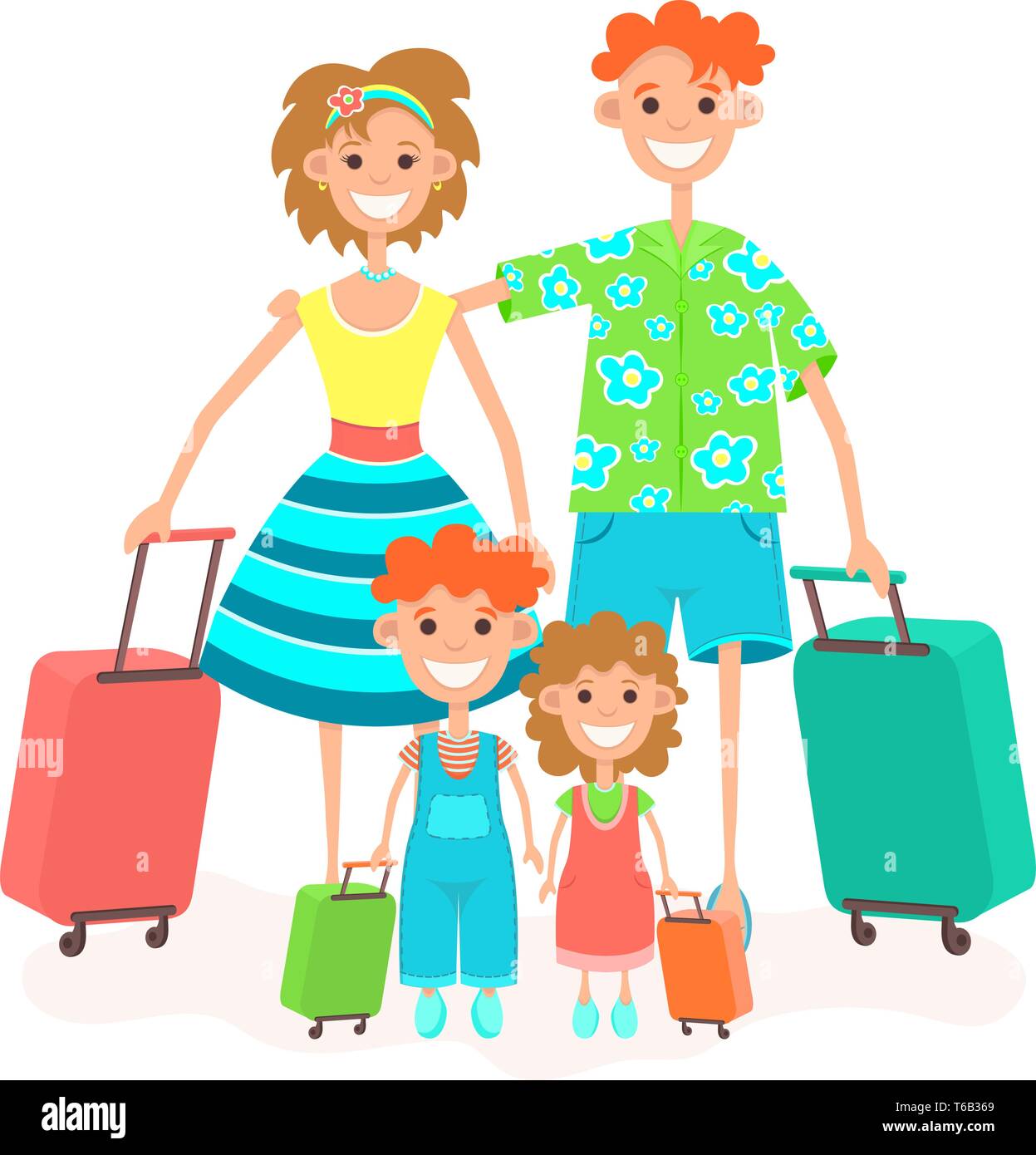 Familie geht auf Urlaub, bunte Zeichnung. Zeichentrickfigur Vater, Mutter und Kinder mit Koffer auf Rädern klicken Sie auf in der reise Reisen urlaub, ist Stock Vektor