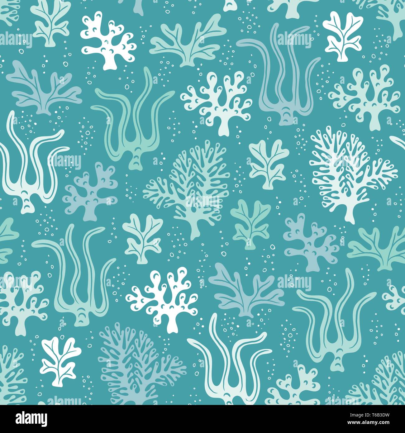 Whimsical Cute Hand-Drawn Sea Life, Korallen, Algen, Algen Vektor nahtlose Muster. Aqua Monochrome Ozean Hintergrund. Flach unter dem Meer Zeichnungen Stock Vektor