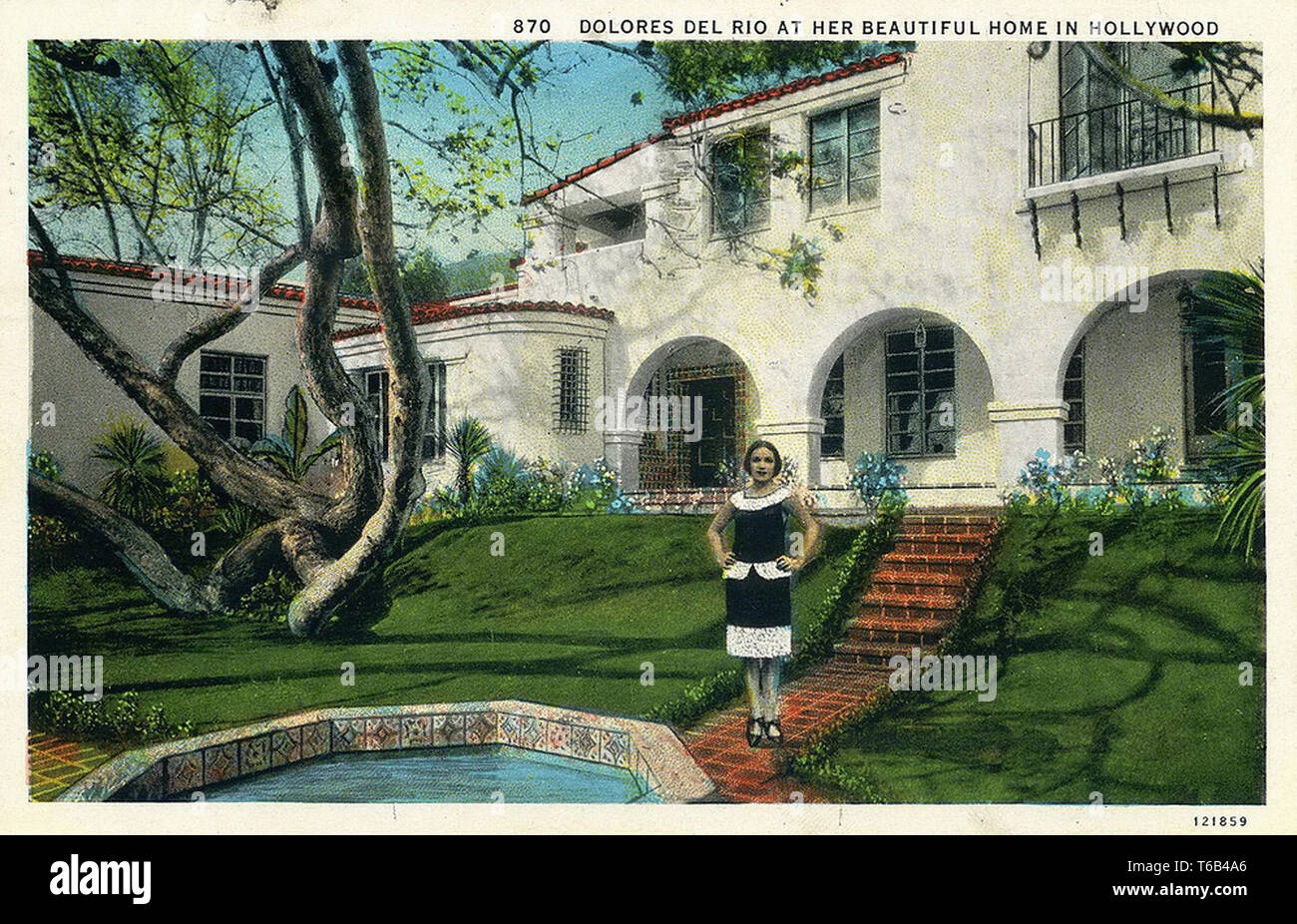 Alte Ansichtskarte von Dolores del Rio home, 1903 Outpost Drive Hollywood, Kalifornien - Stummfilmzeit Stockfoto