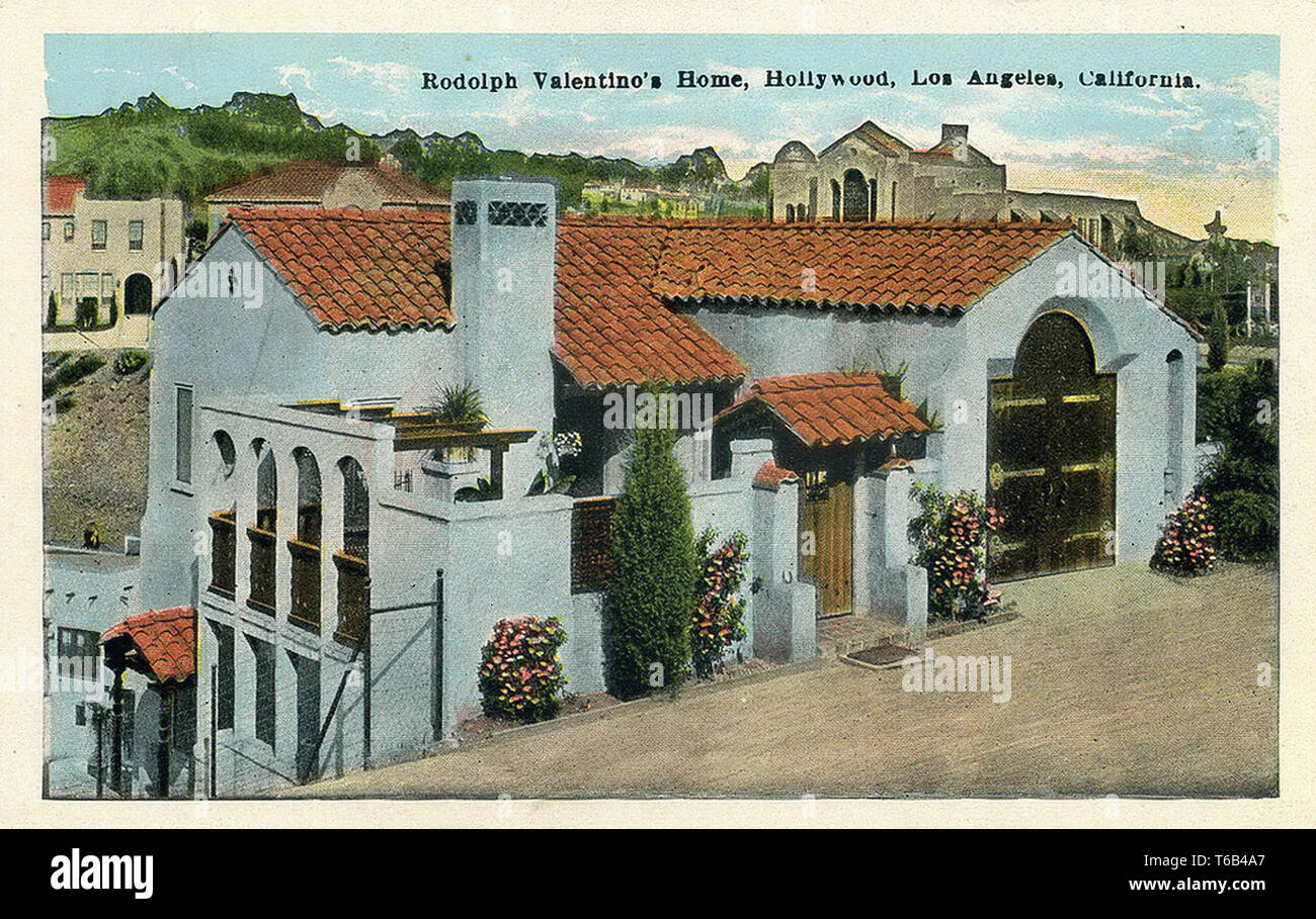 Alte Ansichtskarte von Felsen Valentino's Home, 6770 Wedgewood Ort Whitley Heights, Kalifornien - Stummfilmzeit Stockfoto