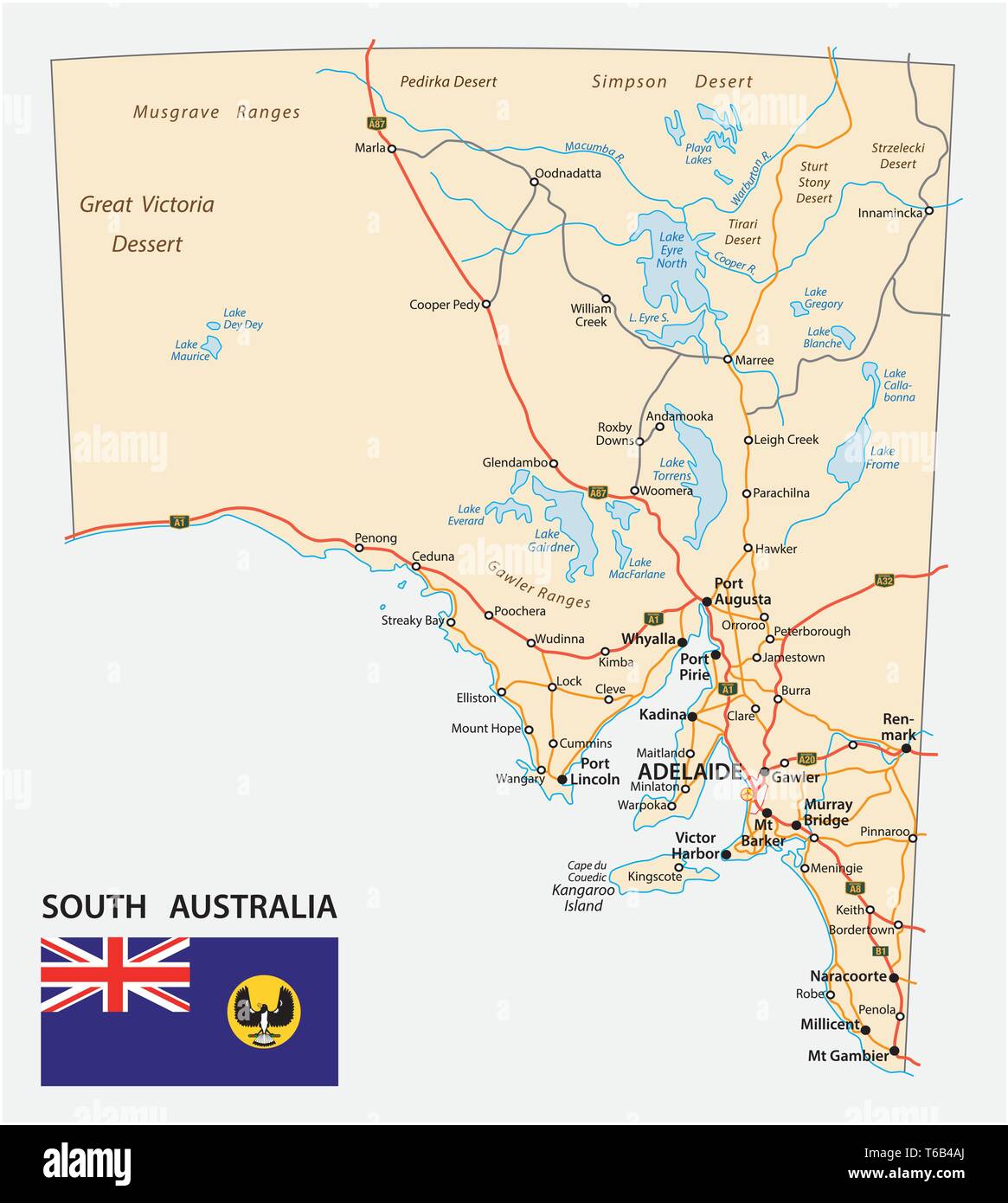 Straßenkarte des Staates South Australia mit Fahne Stock Vektor