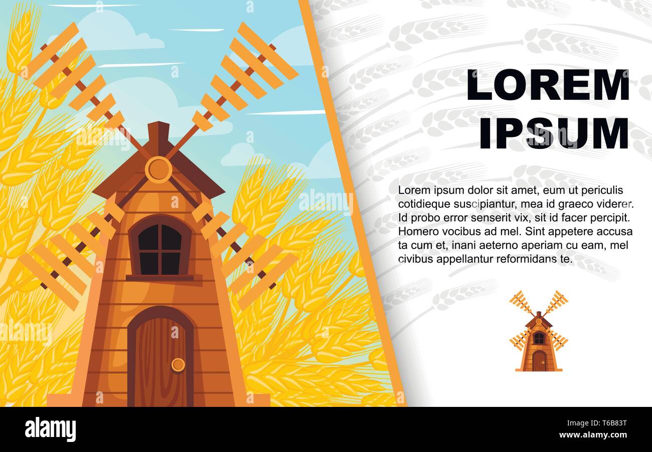 Klassische Windmühle aus Holz und Weizen Hintergrund. Gebäude aus Holz in ländlichen Szene. Flache Vector Illustration. Grüße Karte für Werbung Design. Stock Vektor