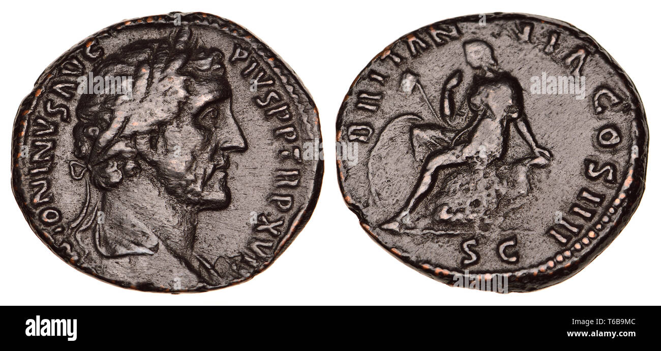 Römische Münze: Bronze dupondius aus der Regierungszeit (AD 138-161) des Antoninus Pius (Nachbau) Stockfoto