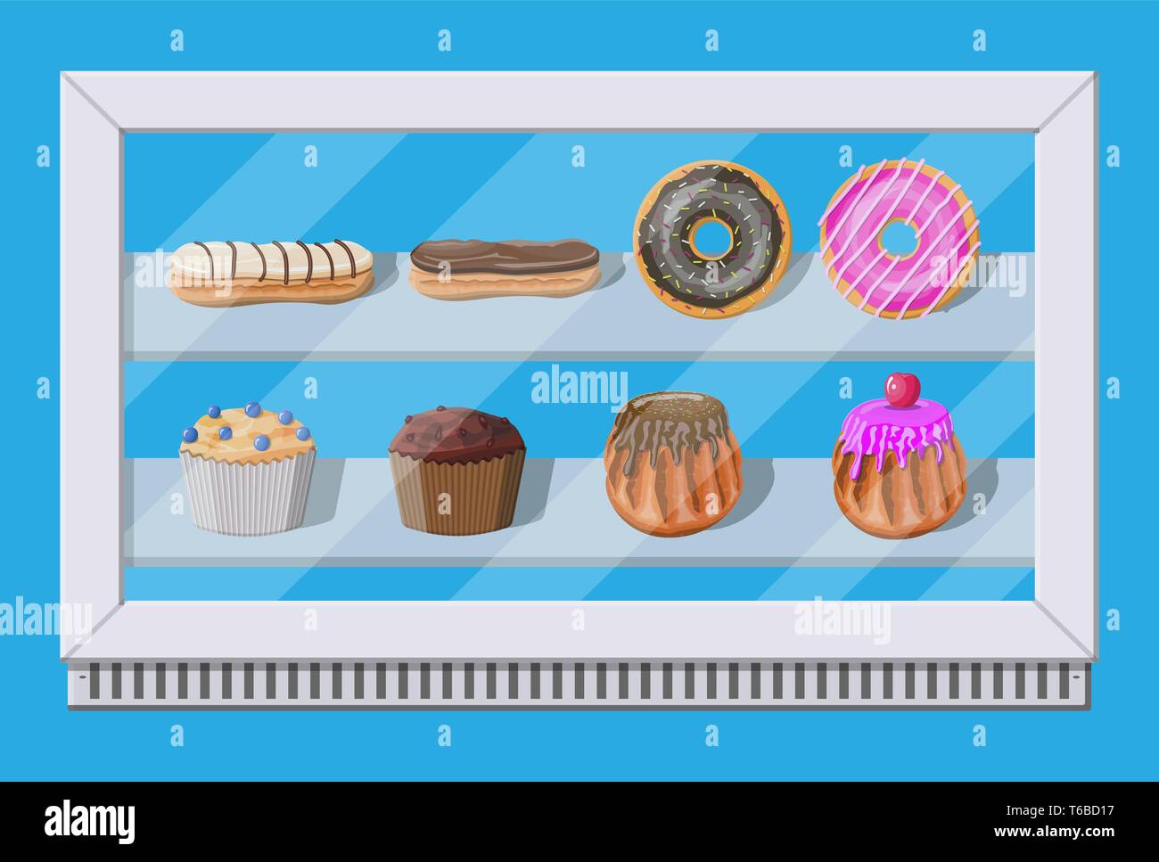 Bäckerei Vitrine Gefrierschrank mit Kuchen und Gebäck. Donut, Muffin,  Cupcake und eclair. Vektorgrafik in flacher Form Stock-Vektorgrafik - Alamy