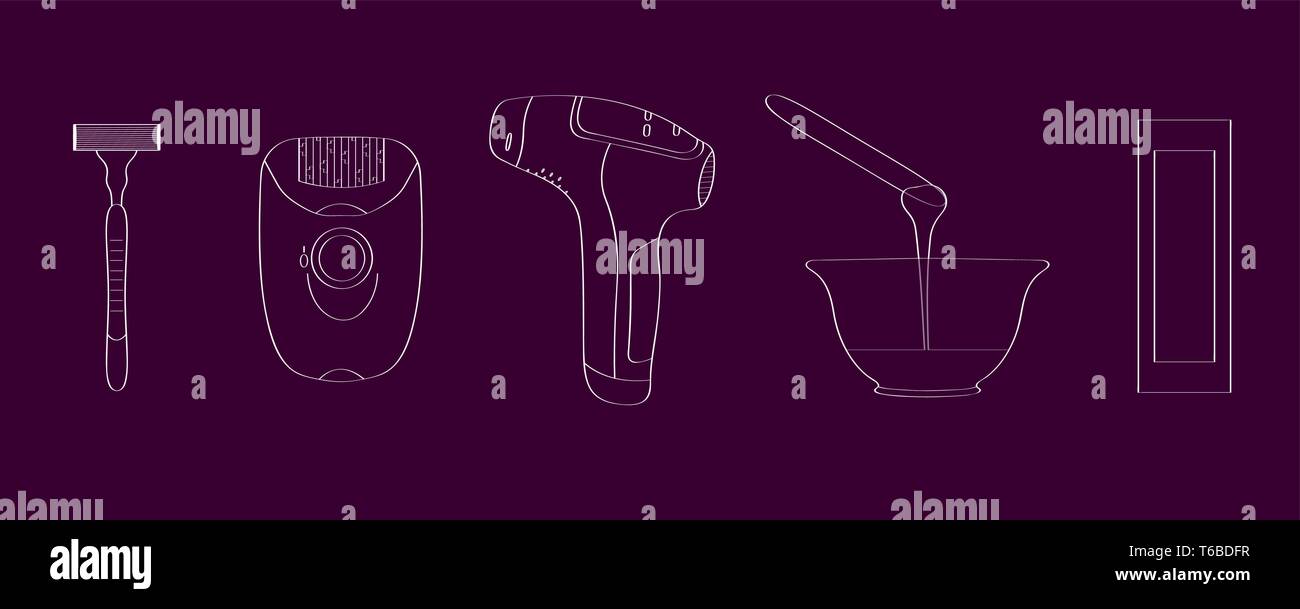 Eine Reihe von Tools, mit deren Hilfe befreien Sie sich von unerwünschter Körperbehaarung. Stock Vektor