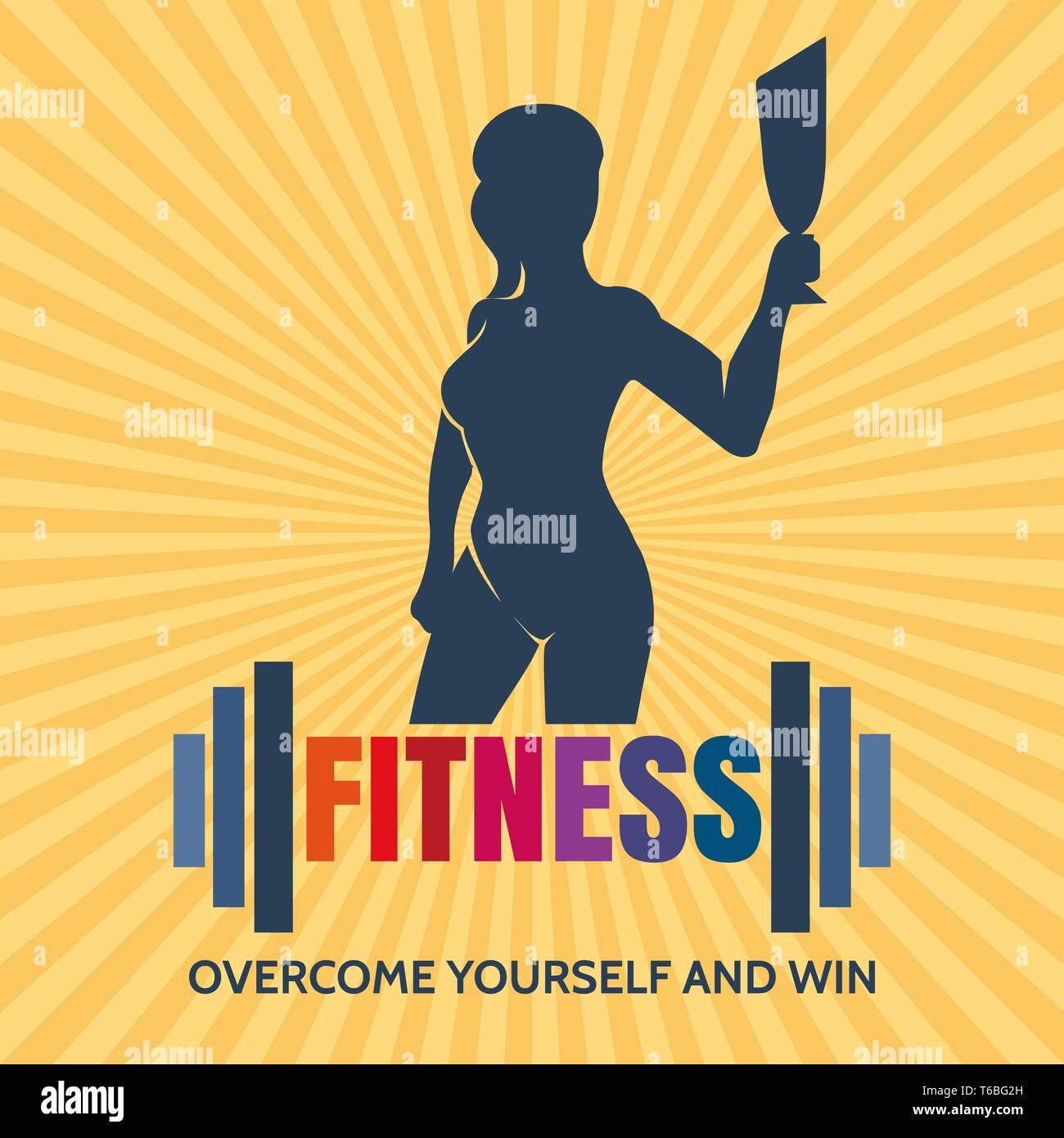Fitness Wettbewerb Emblem mit Motivation Slogan überwinden Sie sich und gewinnen. Athletische Frau hält Trophy Cup. Vector Illustration. Stock Vektor