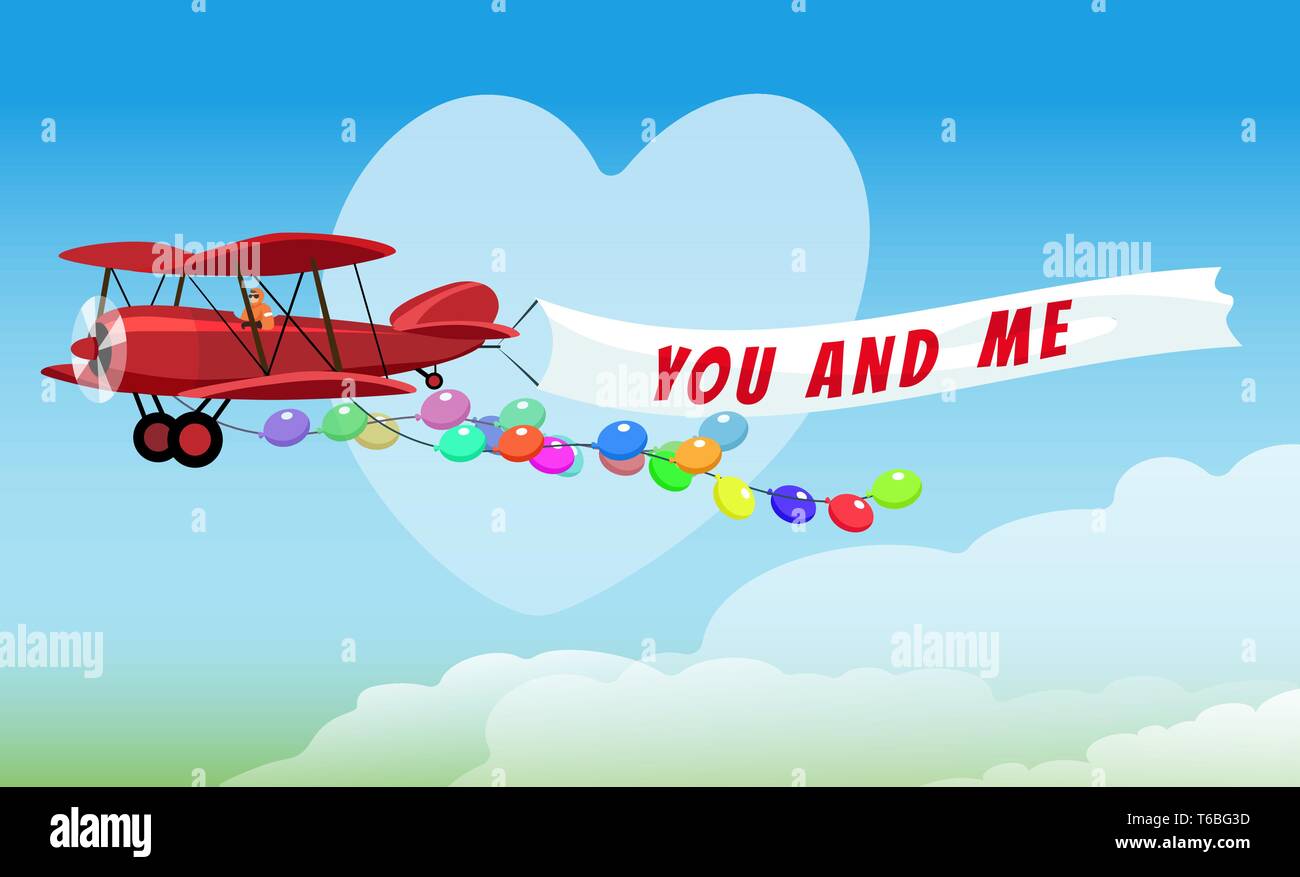 Fliegenden Roten Flugzeug mit Poster Sie und mich und festliche Helium Luftballons. Vector Illustration. Stock Vektor Fliegenden Roten Flugzeug mit Poster Sie und mich und festliche Helium Luftballons. Vector Illustration. Stock Vektor