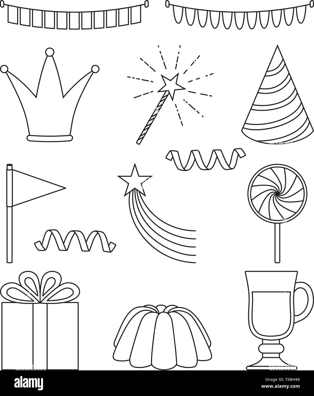 13 Line Art Black und White party Elemente einstellen Stock Vektor