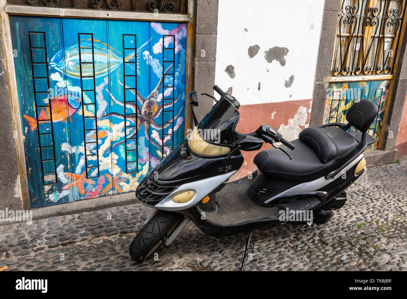 Wandbilder als Teil der Kunst der offenen Türen Projekt in der Zona Velha (Altstadt) Fläche von Funchal, Madeira lackiert Stockfoto