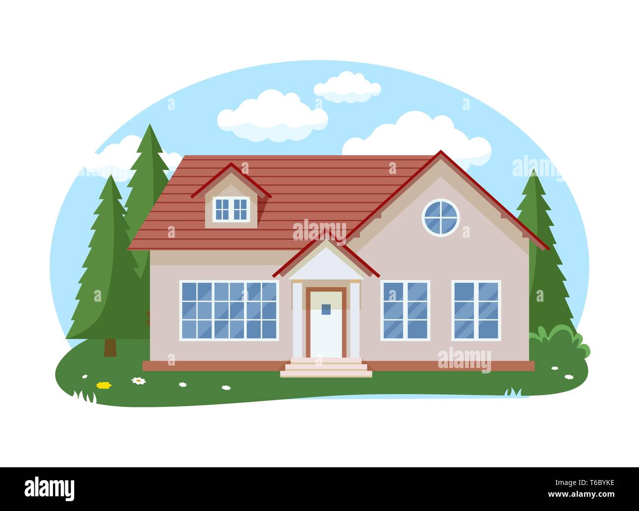 Cartoon Haus außen mit blauen bewölkten Himmel Front Home Architektur Konzept flache Design Stil. Vector Illustration der Fassade Gebäude Stock Vektor