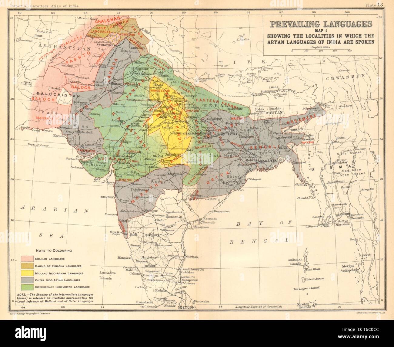 Indien Südostasien arischen Sprachen. Eranian Pisacha Niger-congo Dardio 1931 Karte Stockfoto