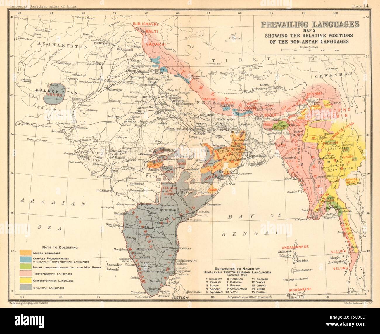 Indien Südostasien nicht-arischen Sprachen. Dravidian Tibeto-Burman Munda 1931 Karte Stockfoto