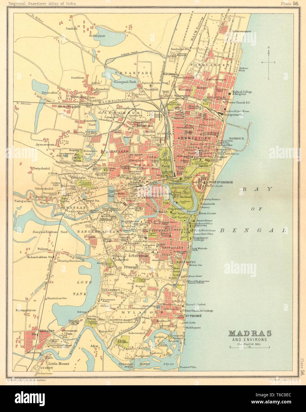 Madras/Chennai Stadt Stadt zu planen. Die wichtigsten Gebäude. Britisch Indien 1931 alte Karte Stockfoto