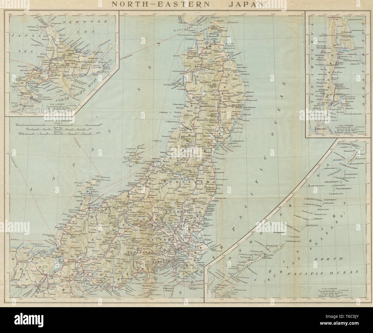 Nord-ost-Japan. Honshu und Hokkaido, Sakhalin and Kurile Islands alte Karte 1914 Stockfoto