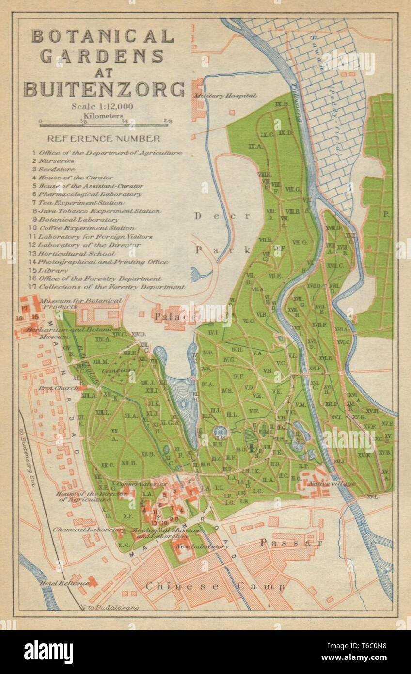 Bogor, West Java. "Botanischen Gärten in Buitenzorg'. Indonesien 1920 alte Karte Stockfoto