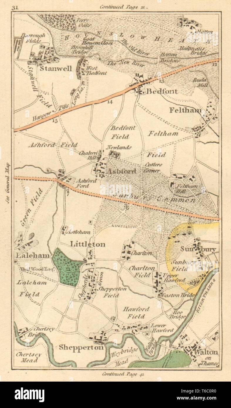 WALTON-on-Thames. Feltham, Sunbury, Staines, Shepperton, Chertsey, Heathrow 1811 Karte Stockfoto