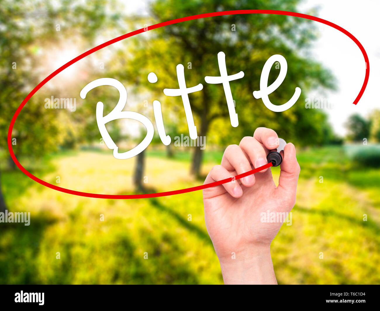 Mann Hand schreiben Please (bitte in Englisch) mit schwarzem Marker auf visuelle Bildschirm Stockfoto