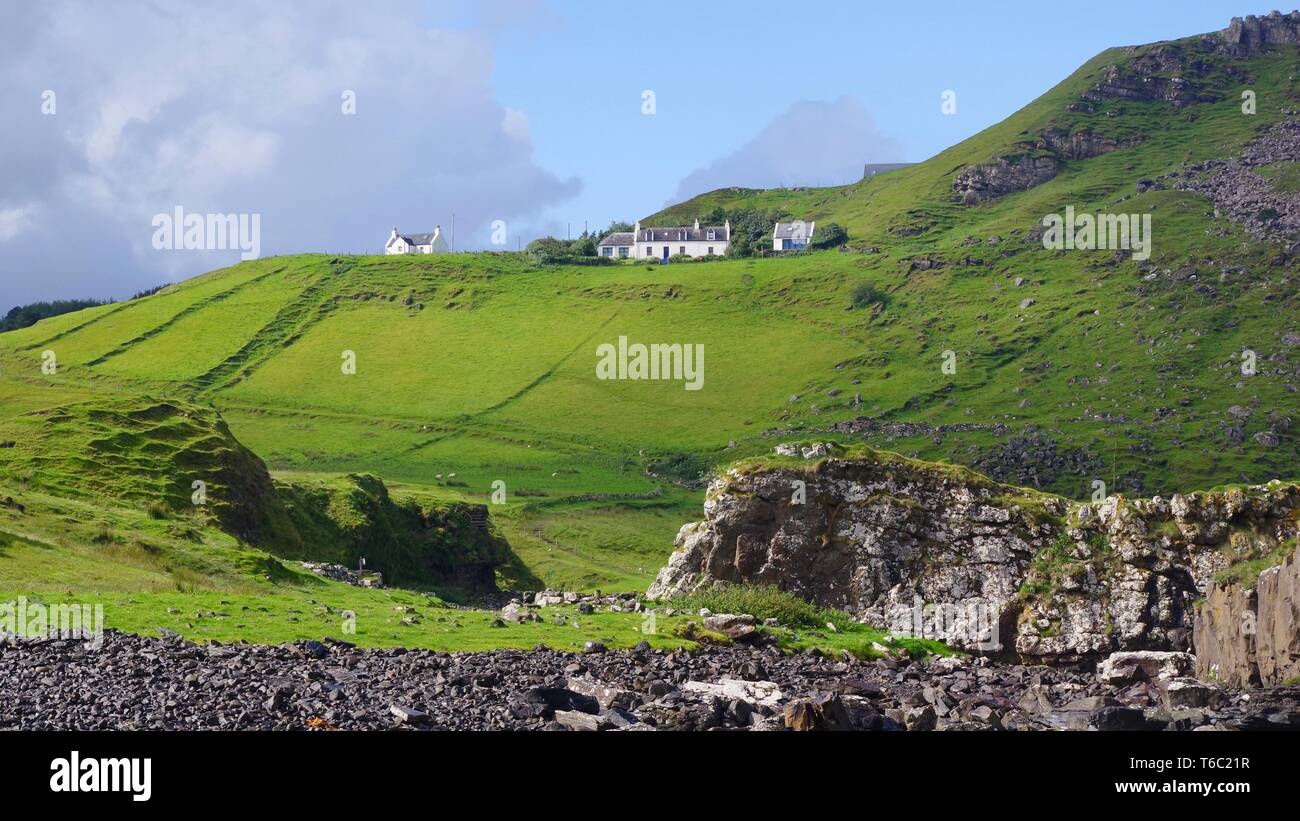 Weißes Land Cottages inmitten eines üppigen Weide Weide an Brüder (Rubha nam Brathairean) Isle of Skye, Schottland, Großbritannien. Stockfoto