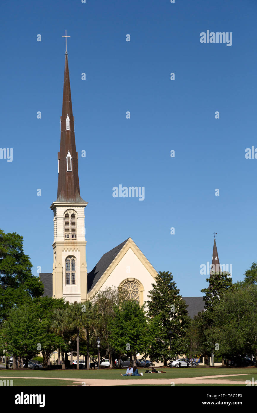 St. Matthäus-Kirche in Charleston, South Carolina, USA. Der Turm ragt über Marion Square. Stockfoto