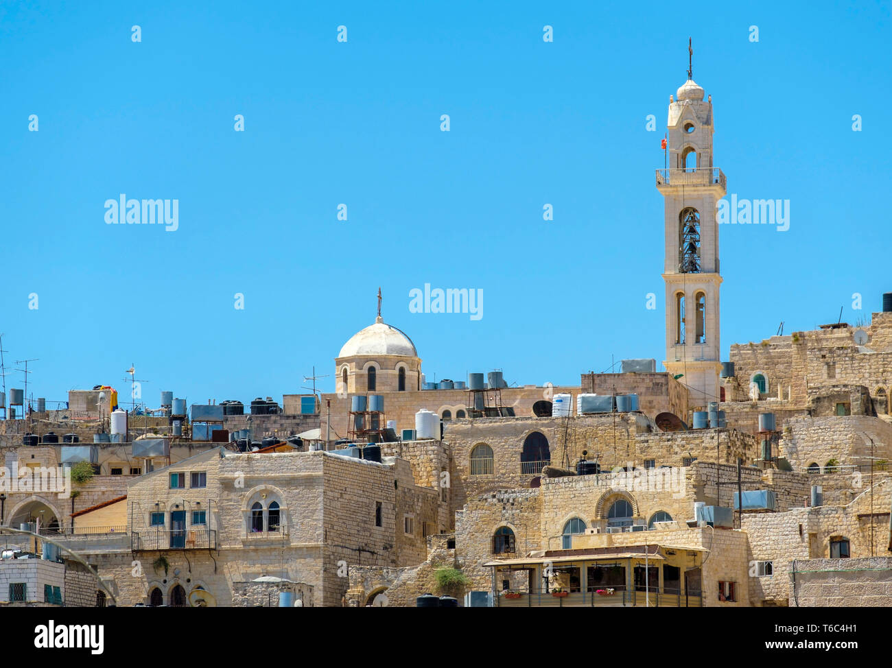 Palästina, West Bank, Bethlehem. Blick auf die Gebäude in der Altstadt. Stockfoto