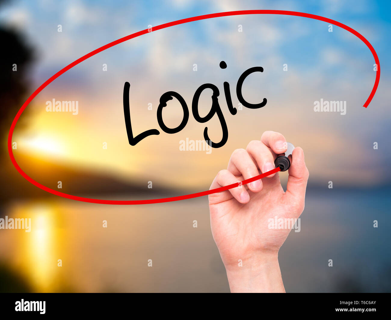 Mann Hand schreiben Logik mit schwarzem Marker auf visuelle Bildschirm Stockfoto