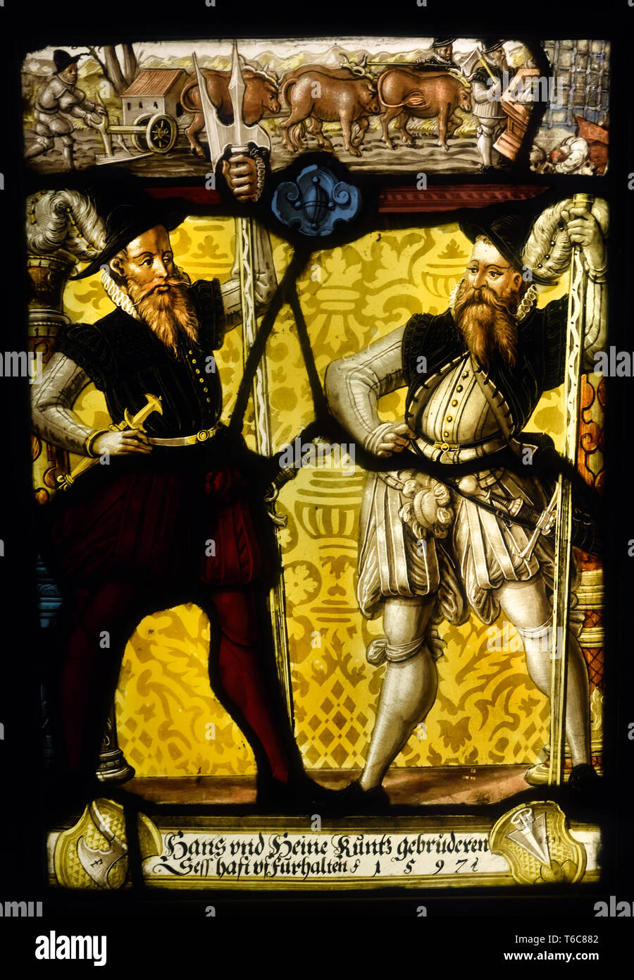 Die Geschichte von Wilhelm Tell 1604 Glasmalerei mit dem Wappen von Heinrich Rellstab und Heinrich Hottinger, Zürich, Schweiz, Schweizer, Stockfoto