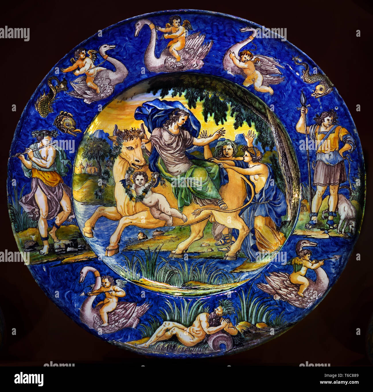 Runde Platte. Die Entführung der Europa nach einem Stich von Francois Chauveau 1674 nach einem Stich von Francois Chauveau nach einem Stich von Francois Chauveau Frankreich, Französisch, (Metamorphosen, dem römischen Dichter Ovid (43 V.CHR. - 17 CE) erzählt, wie Zeus, der sich auf die Form eines Stieres genommen hatte, hatte die phönizische Prinzessin, die war die Mutter von Minos und Sarpedon werden entführt) Stockfoto