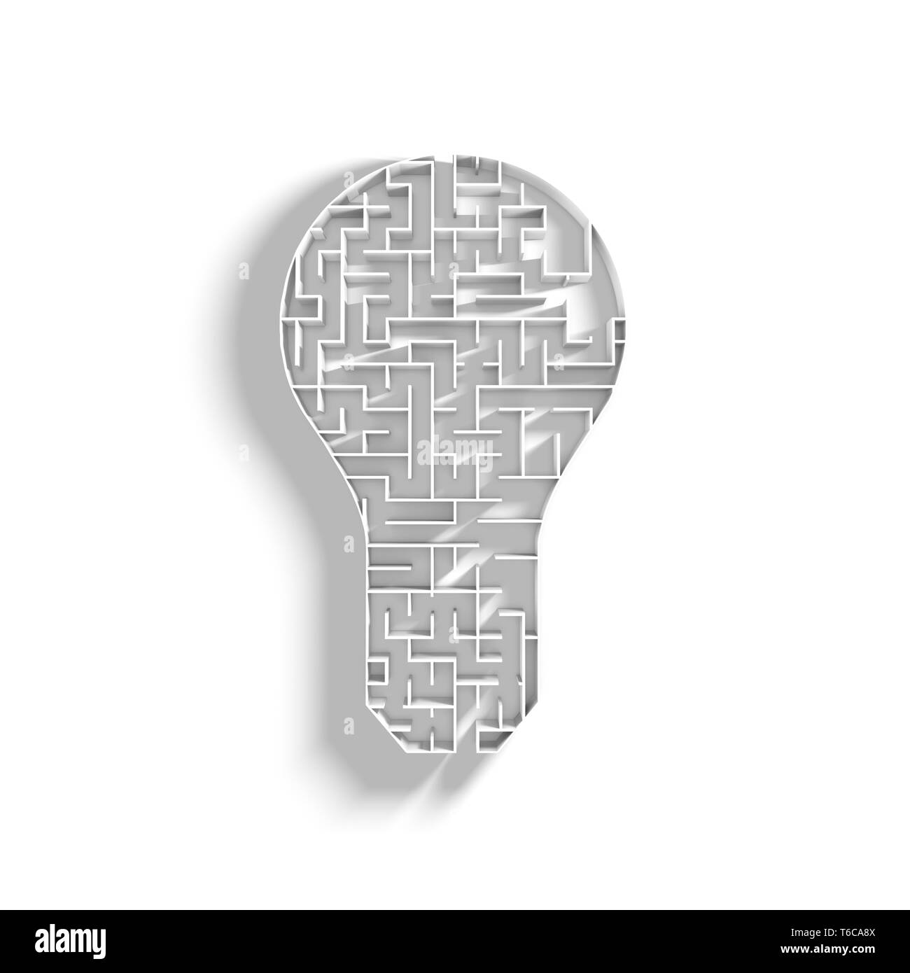 Eine 3D-Abbildung Labyrith in der Form einer Glühbirne auf einem leuchtend weißen Hintergrund. 300 dpi. Platz Seitenverhältnis. Stockfoto