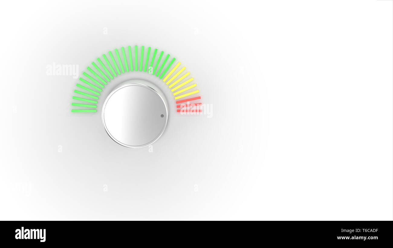 Ein chrom Lautstärke Regler drehen mit einem grünen, gelben und roten Spektrum LED-Meter über einem leuchtend weißen Hintergrund. 3D-Darstellung. Stockfoto