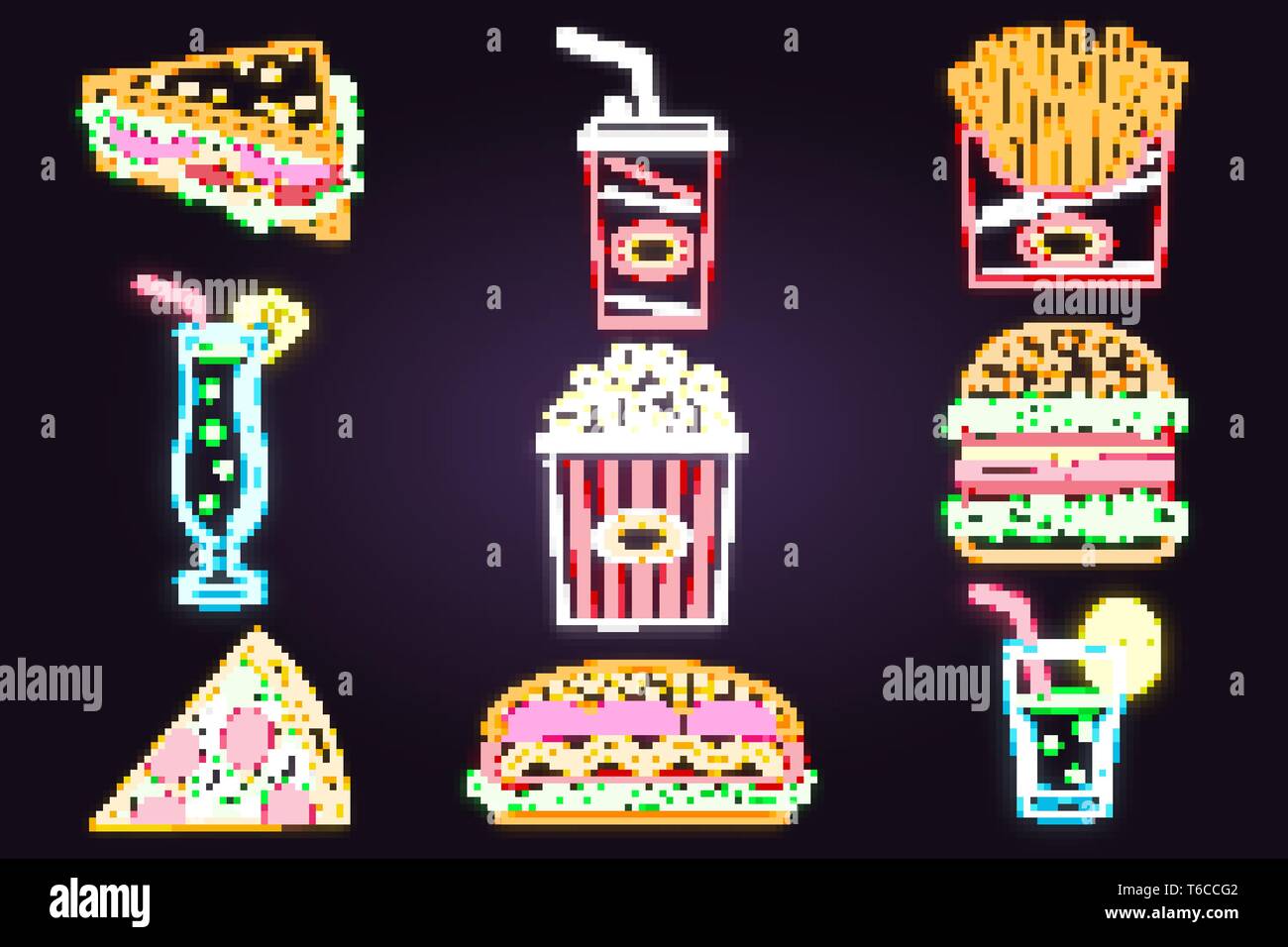 Retro neon Burger, Cola, Popcorn, Pommes frites und Fast food Zeichen auf Stein Wand Hintergrund. Design für Cafe, Restaurant Vektor. Neon Design für Pub oder fast food business. Licht anmelden Banner. Glasrohr Stock Vektor