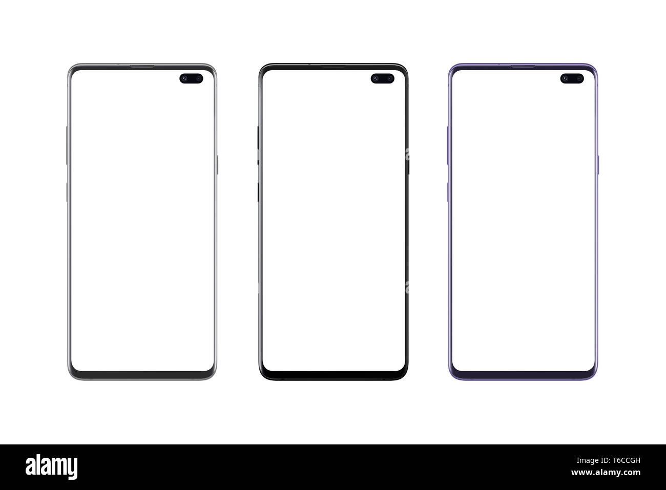 Isolierte Silber, Schwarz und Violett moderne Smartphones. Kamera integriert in die Anzeige ein. Mockup. Stockfoto