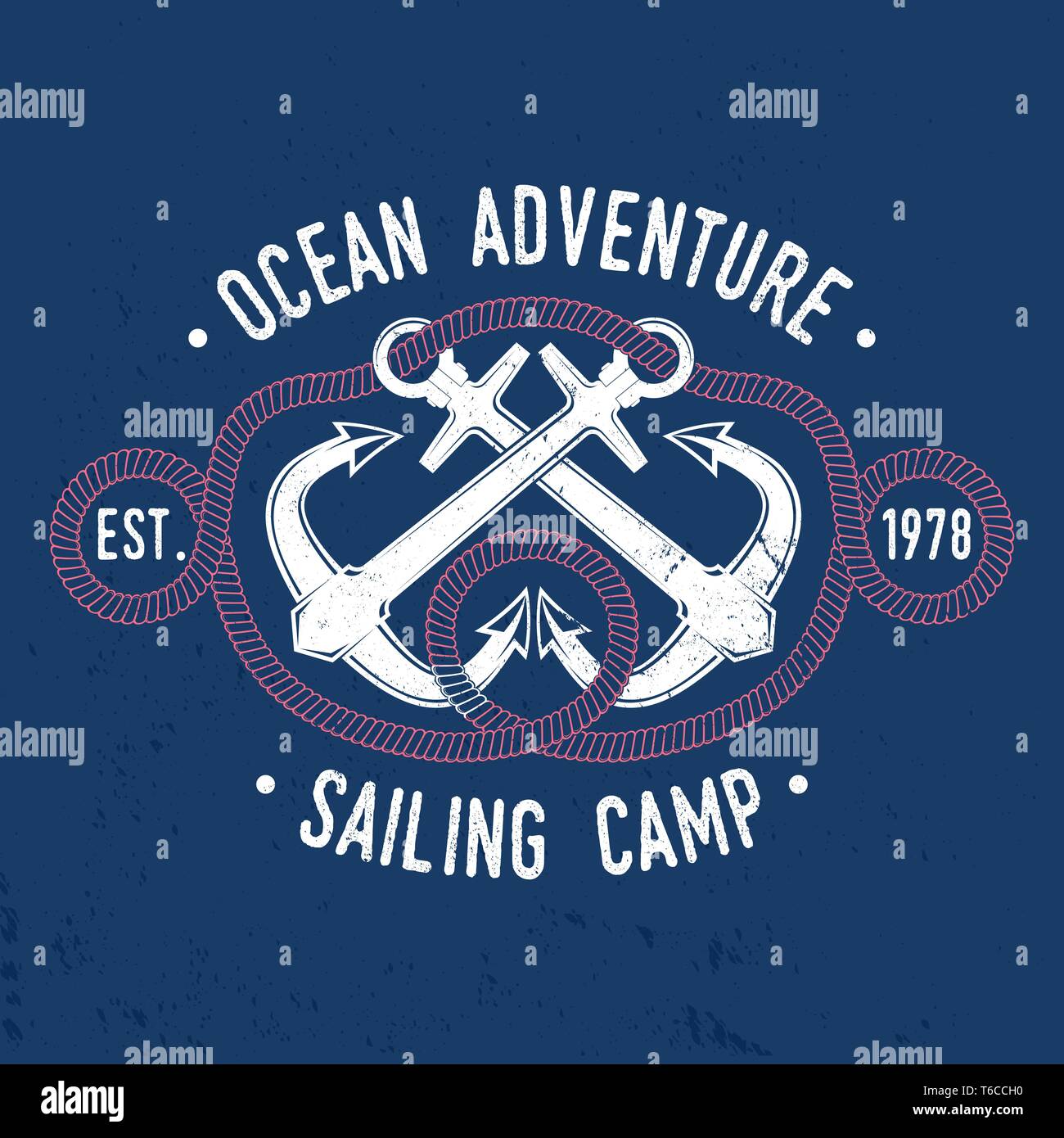 Segeln camp Abzeichen. Vector Illustration. Konzept für T-Shirt, Druck, Stempel oder T-Stück. Vintage Typografie Design mit schwarzen Meer Anker und Seil Knoten Silhouette. Beste sportliche Aktivität. Classic Wasser sport Stock Vektor