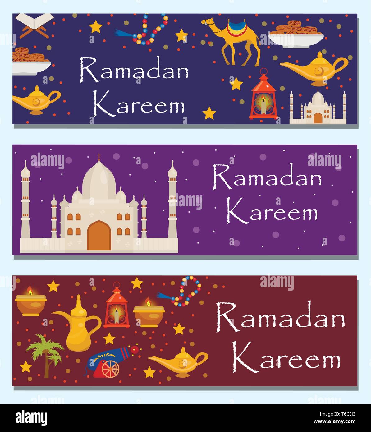 Ramadan Kareem Banner mit arabischem Design Elemente Kamel, Koran, Laternen, Rosenkranz, das Essen, die Moschee. Vector Illustration. Stock Vektor