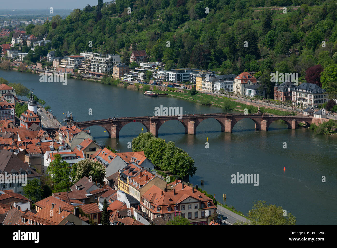 Reisen, Deutschland, Baden-Württemberg, Heidelberg, Schlossgarten, am 30. April. Blick auf die Altstadt, das Alte Brücke und den Neckar. Stockfoto