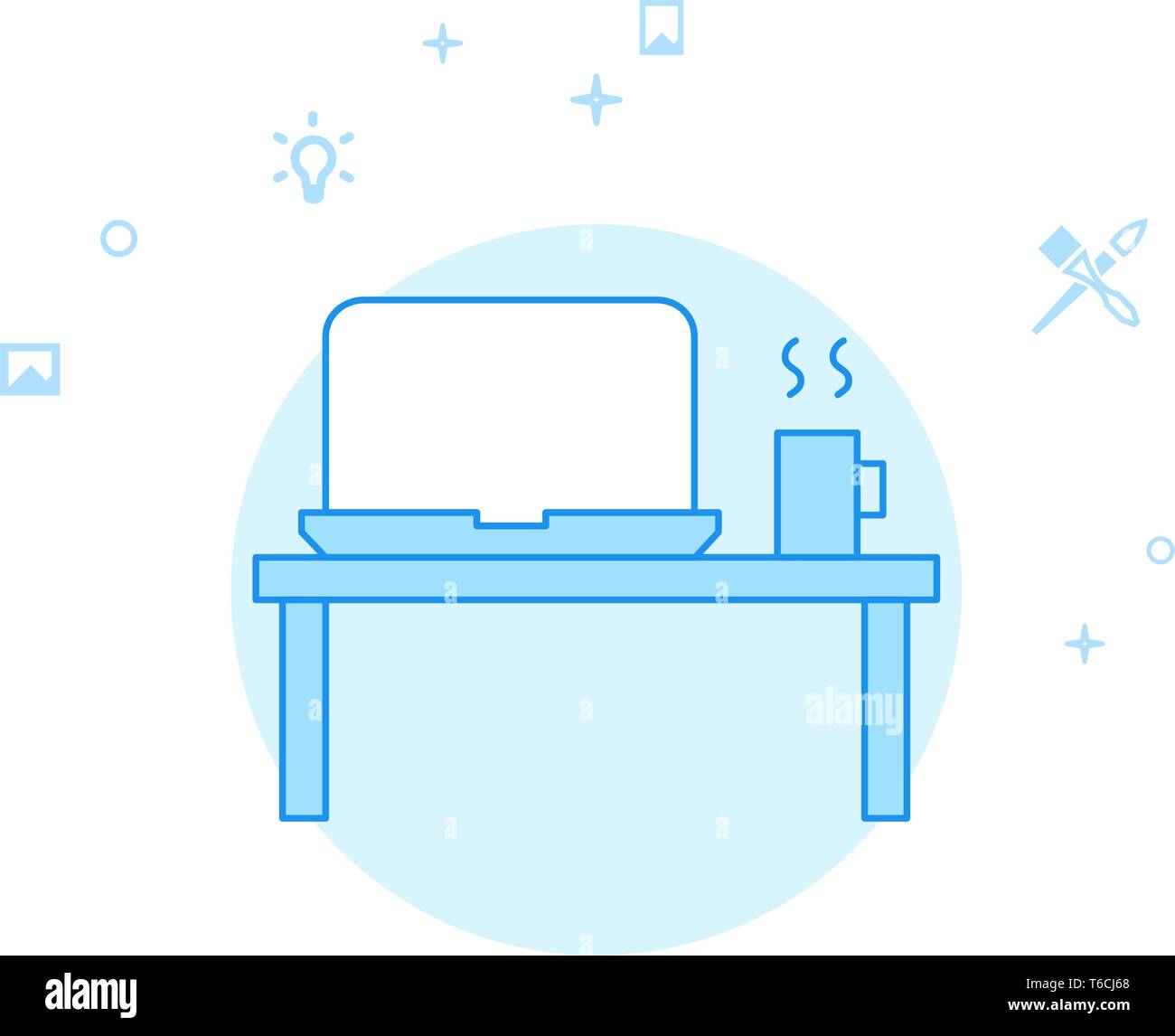 Arbeitsplatz, Laptop und Kaffee Flachbild Vektor Icon. Design und Kreativität Abbildung. Licht Flat Style. Blue Monochrome Design. Editierbare Schlaganfall. L einstellen Stock Vektor