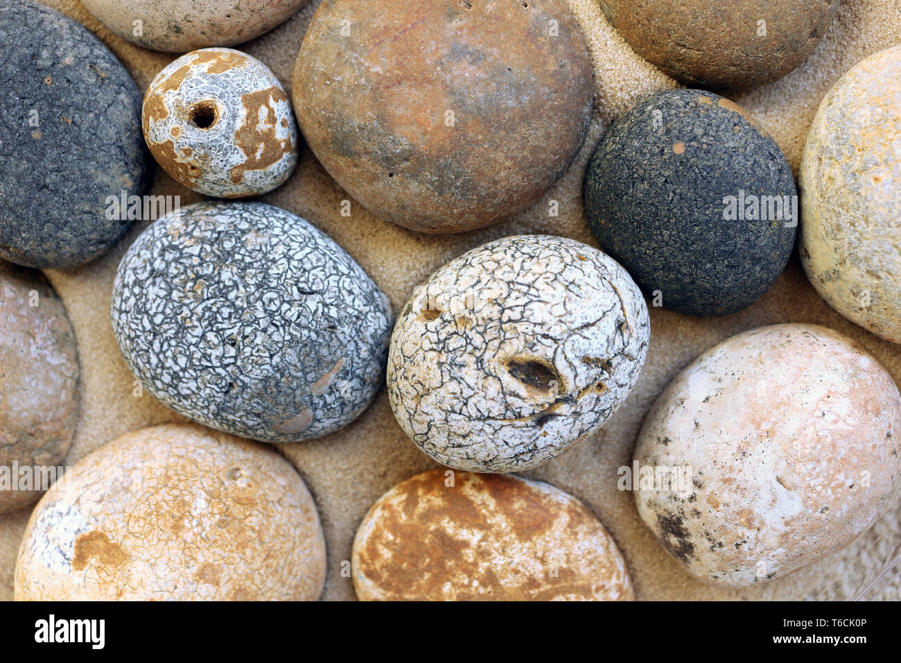 Eine Sammlung von runden Kieseln auf Sand Stockfoto