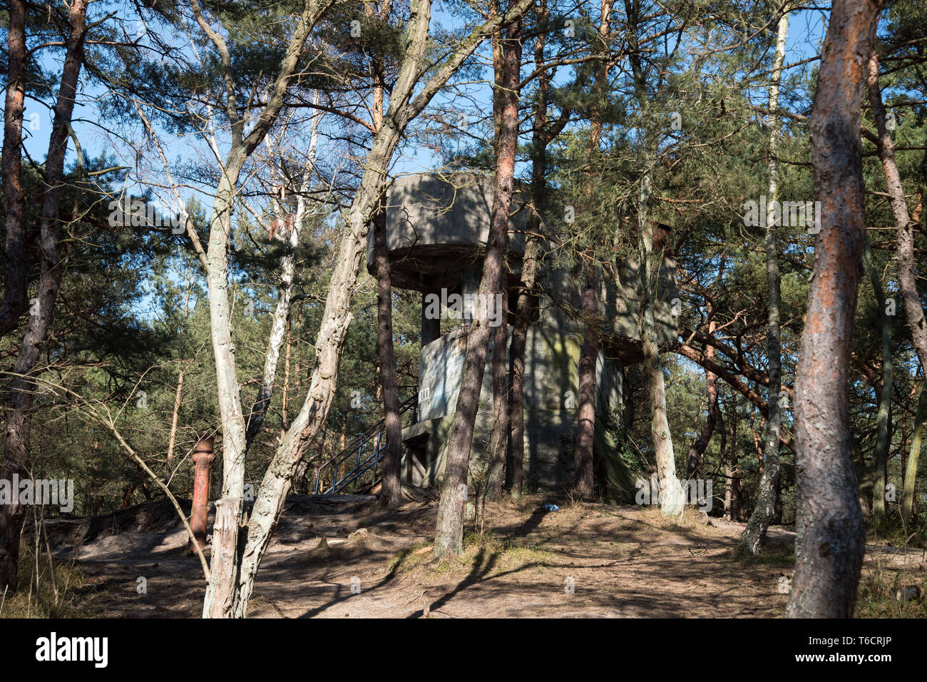 Aussichtsturm auf Würzburg-Riese (Giant Würzburg) Radar von 13 Bateria Artylerii Stalej 13 BAS Hel Cypel (13 Küsten Batterie) in Hel, Polen gebaut. Stockfoto