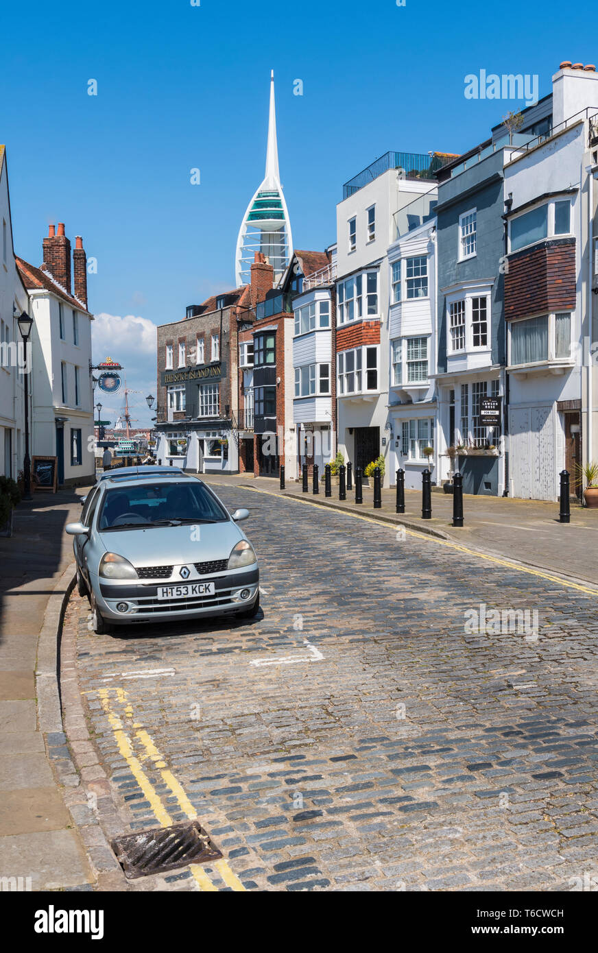 Eine gepflasterte Straße in Bad Square, Portsmouth, Hampshire, England, UK. Gepflasterten Straße. Stockfoto