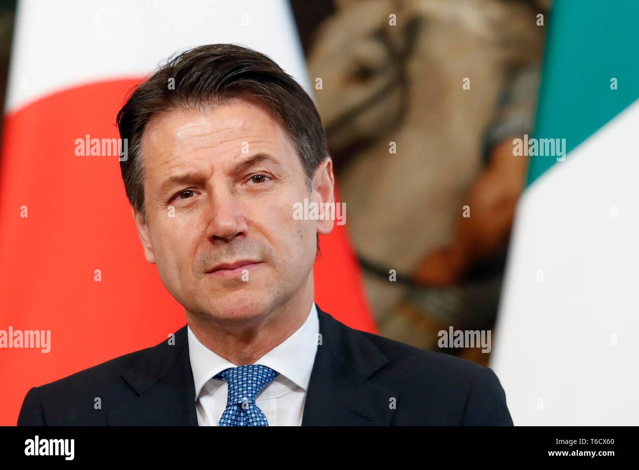Italien, Rom, 24. April 2019: Italienische premier Giuseppe Conte während einer Pressekonferenz im Palazzo Chigi, Hauptsitz der Regierung Foto Remo Casi Stockfoto