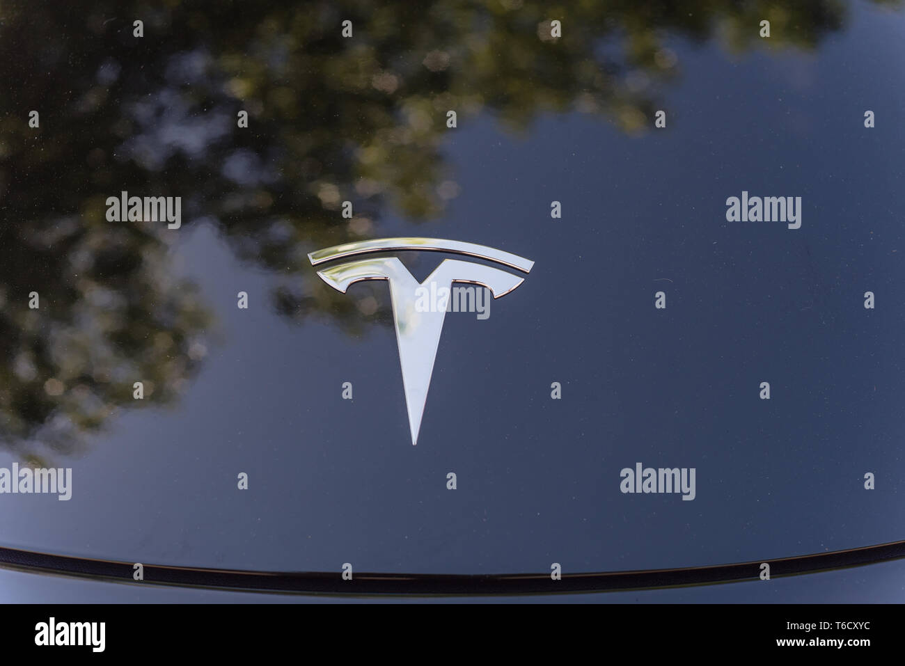 Schwarzes auto Abdeckhaube mit Tesla logo close-up Stockfotografie - Alamy