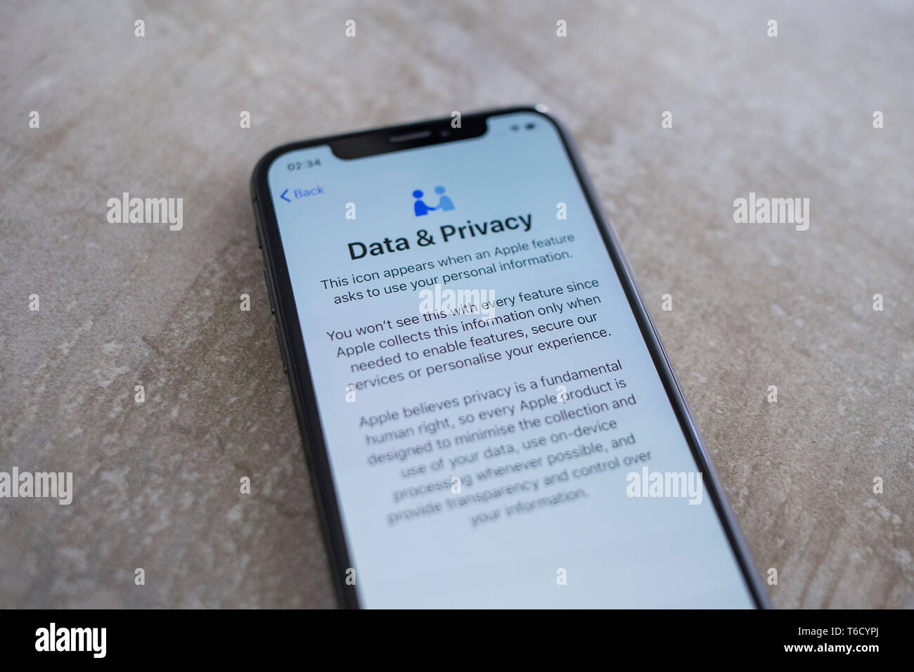 Apple Iphone XS Space Grauer Bildschirm mit Daten und Privatsphäre Text Stockfoto